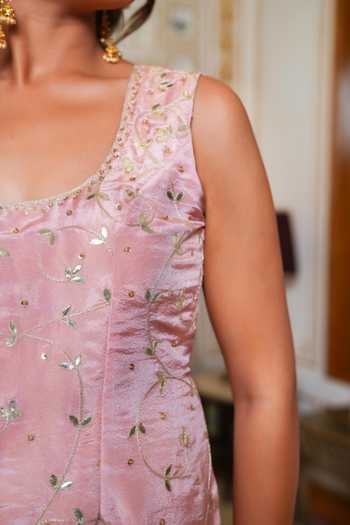 Pomcha Jaipur Pink Silk Round Neck, Yes Mehfil Gota Patti Hand Embroidered Sharara Set Online at Aza Fashions Pomcha Jaipur_Pink Silk Round Neck, Yes Mehfil Gota Patti Hand Embroidered Sharara Set _Online_at_Aza_Fashions