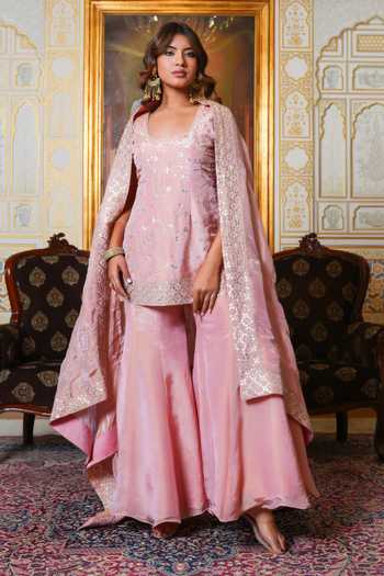 Buy Pomcha Jaipur Pink Silk Round Neck, Yes Mehfil Gota Patti Hand Embroidered Sharara Set Online at Aza Fashions Buy_Pomcha Jaipur_Pink Silk Round Neck, Yes Mehfil Gota Patti Hand Embroidered Sharara Set _Online_at_Aza_Fashions