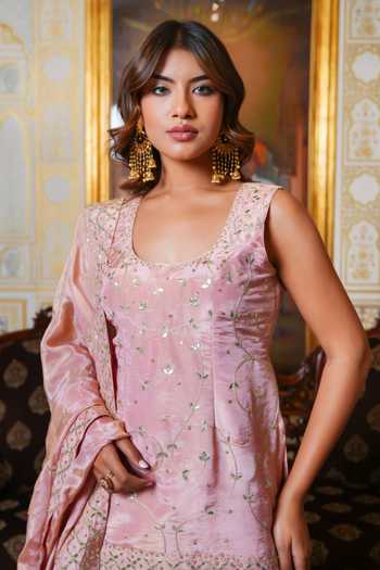 Shop Pomcha Jaipur Pink Silk Round Neck, Yes Mehfil Gota Patti Hand Embroidered Sharara Set Online at Aza Fashions Shop_Pomcha Jaipur_Pink Silk Round Neck, Yes Mehfil Gota Patti Hand Embroidered Sharara Set _Online_at_Aza_Fashions