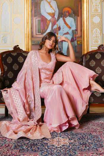 Buy Pomcha Jaipur Pink Silk Round Neck, Yes Mehfil Gota Patti Hand Embroidered Sharara Set Buy_Pomcha Jaipur_Pink Silk Round Neck, Yes Mehfil Gota Patti Hand Embroidered Sharara Set