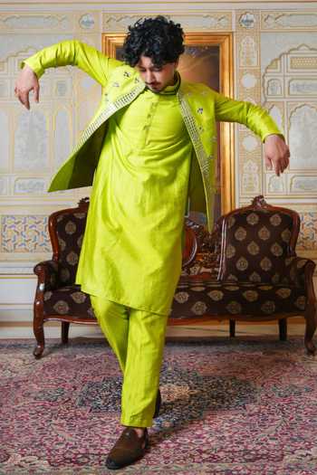 Buy Pomcha Jaipur Green Silk, Dupion Mirror Work Nehru Jacket And Kurta Set Online at Aza Fashions Buy_Pomcha Jaipur_Green Silk, Dupion Mirror Work Nehru Jacket And Kurta Set _Online_at_Aza_Fashions