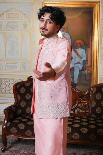 Pomcha Jaipur Pink Taffeta Zardozi Hand Work Nehru Jacket And Kurta Set Online at Aza Fashions Pomcha Jaipur_Pink Taffeta Zardozi Hand Work Nehru Jacket And Kurta Set _Online_at_Aza_Fashions