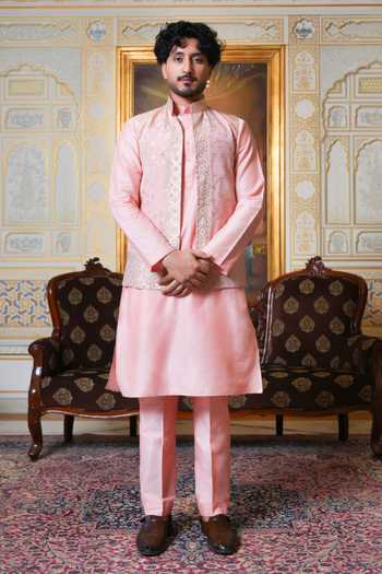 Pomcha Jaipur Pink Taffeta Zardozi Hand Work Nehru Jacket And Kurta Set at Aza Fashions Pomcha Jaipur_Pink Taffeta Zardozi Hand Work Nehru Jacket And Kurta Set _at_Aza_Fashions