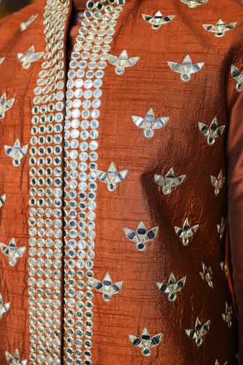 Pomcha Jaipur Brown Taffeta Mirror Hand Work Nehru Jacket And Kurta Set at Aza Fashions Pomcha Jaipur_Brown Taffeta Mirror Hand Work Nehru Jacket And Kurta Set _at_Aza_Fashions