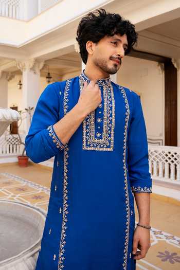 Buy Pomcha Jaipur Blue Organza Shahi Neel Zardozi Hand Embroidered Kurta Set Buy_Pomcha Jaipur_Blue Organza Shahi Neel Zardozi Hand Embroidered Kurta Set