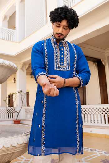 Shop Pomcha Jaipur Blue Organza Shahi Neel Zardozi Hand Embroidered Kurta Set Shop_Pomcha Jaipur_Blue Organza Shahi Neel Zardozi Hand Embroidered Kurta Set