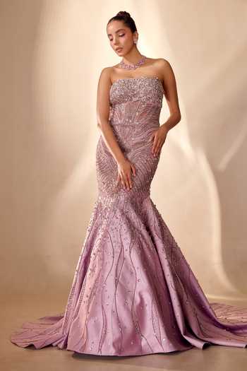 Rachit Khanna Purple Satin Sequins, Bead , Stone Cutdana Embroidered Gown With Cape Online at Aza Fashions Rachit Khanna_Purple Satin Sequins, Bead , Stone Cutdana Embroidered Gown With Cape _Online_at_Aza_Fashions