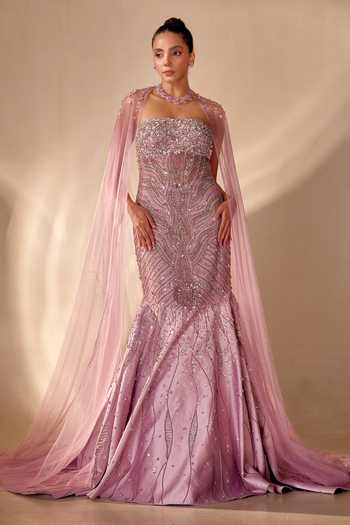 Shop Rachit Khanna Purple Satin Sequins, Bead , Stone Cutdana Embroidered Gown With Cape Online at Aza Fashions Shop_Rachit Khanna_Purple Satin Sequins, Bead , Stone Cutdana Embroidered Gown With Cape _Online_at_Aza_Fashions