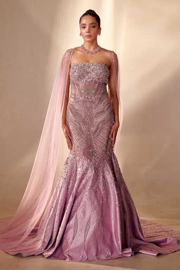 Rachit Khanna Purple Satin Sequins, Bead , Stone Cutdana Embroidered Gown With Cape at Aza Fashions Rachit Khanna_Purple Satin Sequins, Bead , Stone Cutdana Embroidered Gown With Cape _at_Aza_Fashions