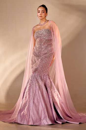 Buy Rachit Khanna Purple Satin Sequins, Bead , Stone Cutdana Embroidered Gown With Cape Buy_Rachit Khanna_Purple Satin Sequins, Bead , Stone Cutdana Embroidered Gown With Cape