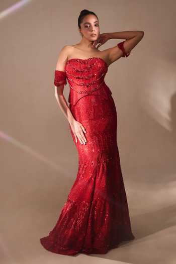 Rachit Khanna_Red Satin, Tulle Sequins, Beads, Stones Cutdana Embroidered Corset And Skirt Set _Online_at_Aza_Fashions