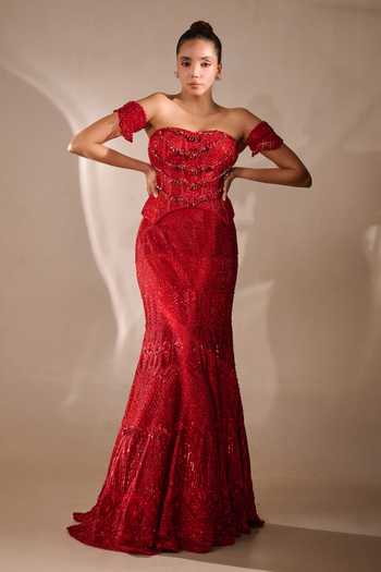 Buy_Rachit Khanna_Red Satin, Tulle Sequins, Beads, Stones Cutdana Embroidered Corset And Skirt Set _Online_at_Aza_Fashions