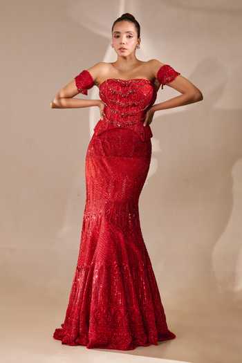 Shop_Rachit Khanna_Red Satin, Tulle Sequins, Beads, Stones Cutdana Embroidered Corset And Skirt Set _Online_at_Aza_Fashions