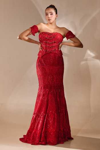 Rachit Khanna_Red Satin, Tulle Sequins, Beads, Stones Cutdana Embroidered Corset And Skirt Set _at_Aza_Fashions