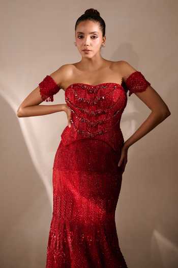 Buy_Rachit Khanna_Red Satin, Tulle Sequins, Beads, Stones Cutdana Embroidered Corset And Skirt Set 