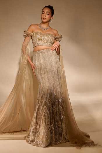 Rachit Khanna_Gold Tulle, Satin Off-shoulder Jewel Stone Embellished Bustier And Skirt Set _Online_at_Aza_Fashions