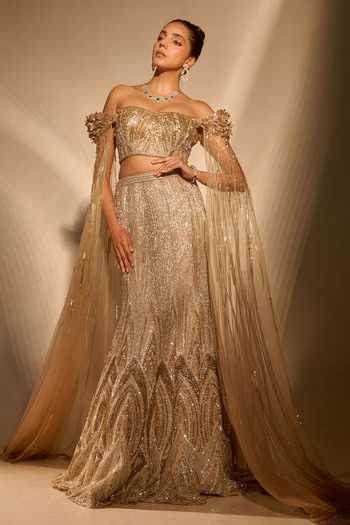 Buy_Rachit Khanna_Gold Tulle, Satin Off-shoulder Jewel Stone Embellished Bustier And Skirt Set _Online_at_Aza_Fashions
