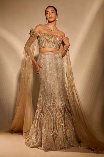 Shop_Rachit Khanna_Gold Tulle, Satin Off-shoulder Jewel Stone Embellished Bustier And Skirt Set _Online_at_Aza_Fashions
