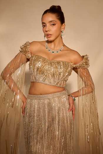 Rachit Khanna_Gold Tulle, Satin Off-shoulder Jewel Stone Embellished Bustier And Skirt Set _at_Aza_Fashions
