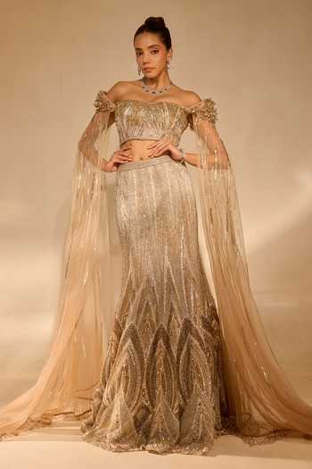 Buy_Rachit Khanna_Gold Tulle, Satin Off-shoulder Jewel Stone Embellished Bustier And Skirt Set 