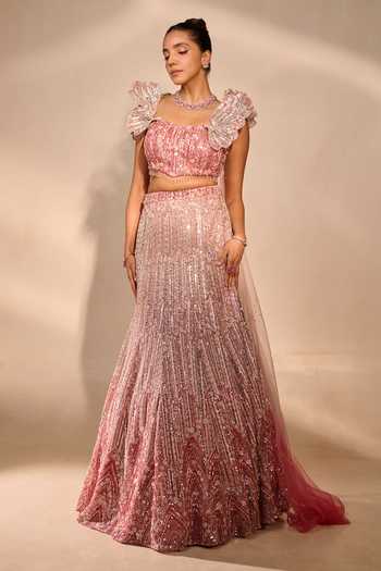 Buy Rachit Khanna Pink Satin, Tulle Sweetheart Neck Pearl 3d Embellised Bustier And Skirt Set Online at Aza Fashions Buy_Rachit Khanna_Pink Satin, Tulle Sweetheart Neck Pearl 3d Embellised Bustier And Skirt Set _Online_at_Aza_Fashions