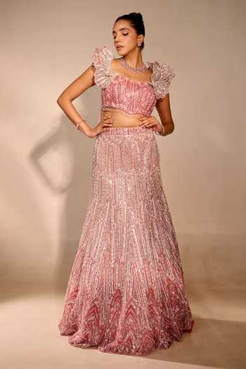 Shop Rachit Khanna Pink Satin, Tulle Sweetheart Neck Pearl 3d Embellised Bustier And Skirt Set Online at Aza Fashions Shop_Rachit Khanna_Pink Satin, Tulle Sweetheart Neck Pearl 3d Embellised Bustier And Skirt Set _Online_at_Aza_Fashions