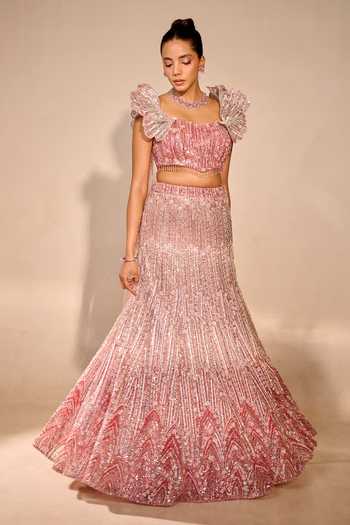Rachit Khanna Pink Satin, Tulle Sweetheart Neck Pearl 3d Embellised Bustier And Skirt Set at Aza Fashions Rachit Khanna_Pink Satin, Tulle Sweetheart Neck Pearl 3d Embellised Bustier And Skirt Set _at_Aza_Fashions