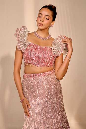 Buy Rachit Khanna Pink Satin, Tulle Sweetheart Neck Pearl 3d Embellised Bustier And Skirt Set Buy_Rachit Khanna_Pink Satin, Tulle Sweetheart Neck Pearl 3d Embellised Bustier And Skirt Set