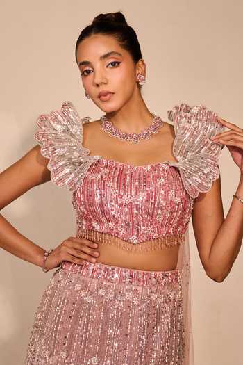 Shop Rachit Khanna Pink Satin, Tulle Sweetheart Neck Pearl 3d Embellised Bustier And Skirt Set Shop_Rachit Khanna_Pink Satin, Tulle Sweetheart Neck Pearl 3d Embellised Bustier And Skirt Set