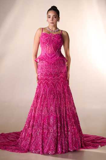 Buy_Rachit Khanna_Pink Satin, Tulle Sequins, Stones Sweetheart Embellished Lehenga And Bustier Set _Online_at_Aza_Fashions