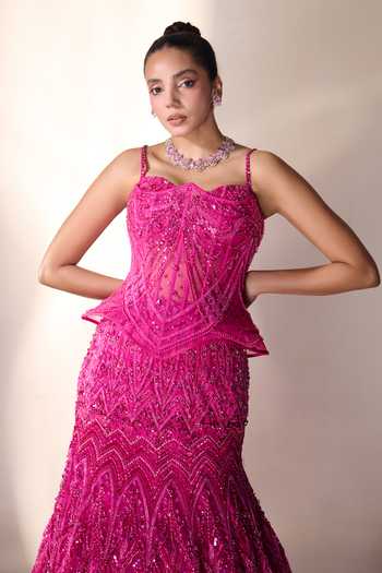 Shop_Rachit Khanna_Pink Satin, Tulle Sequins, Stones Sweetheart Embellished Lehenga And Bustier Set _Online_at_Aza_Fashions