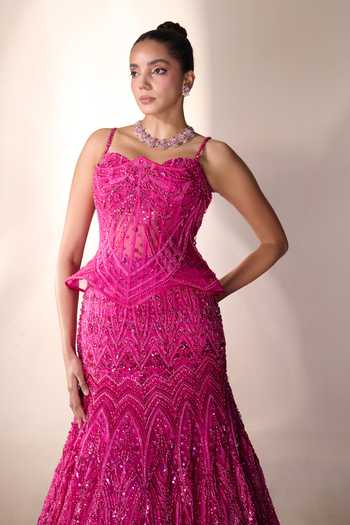 Rachit Khanna_Pink Satin, Tulle Sequins, Stones Sweetheart Embellished Lehenga And Bustier Set _at_Aza_Fashions