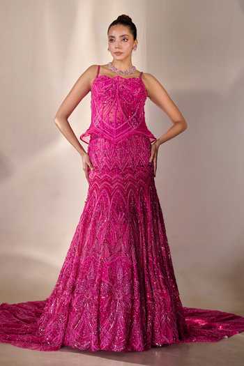 Buy_Rachit Khanna_Pink Satin, Tulle Sequins, Stones Sweetheart Embellished Lehenga And Bustier Set 