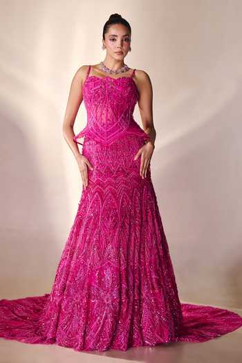 Shop_Rachit Khanna_Pink Satin, Tulle Sequins, Stones Sweetheart Embellished Lehenga And Bustier Set 