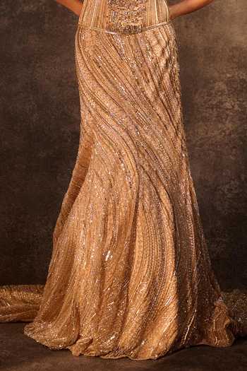 Buy_Rachit Khanna_Gold Tulle, Satin Stones, Crystals Embellished Corset And Mermaid Skirt Set _Online_at_Aza_Fashions