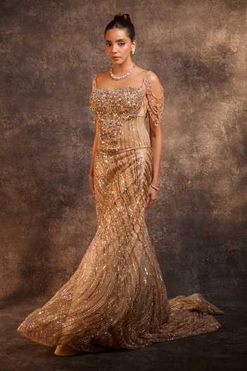Shop_Rachit Khanna_Gold Tulle, Satin Stones, Crystals Embellished Corset And Mermaid Skirt Set _Online_at_Aza_Fashions