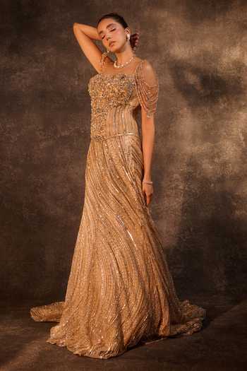 Rachit Khanna_Gold Tulle, Satin Stones, Crystals Embellished Corset And Mermaid Skirt Set _at_Aza_Fashions