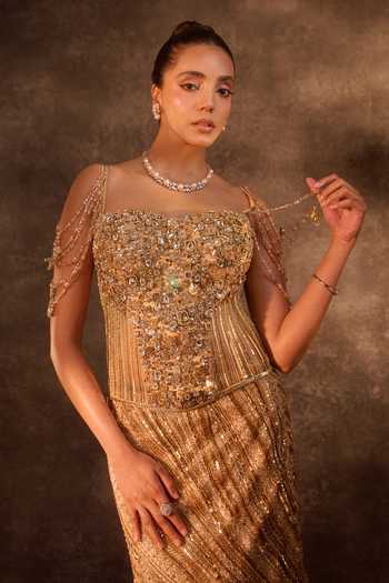 Buy_Rachit Khanna_Gold Tulle, Satin Stones, Crystals Embellished Corset And Mermaid Skirt Set 