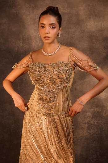 Shop_Rachit Khanna_Gold Tulle, Satin Stones, Crystals Embellished Corset And Mermaid Skirt Set 