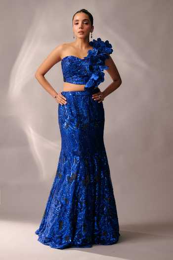 Rachit Khanna Blue Satin, Tulle One Shoulder Sequin Embellished Bustier And Skirt Set Online at Aza Fashions Rachit Khanna_Blue Satin, Tulle One Shoulder Sequin Embellished Bustier And Skirt Set _Online_at_Aza_Fashions