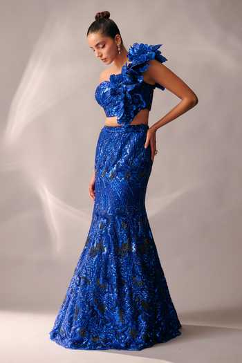 Buy Rachit Khanna Blue Satin, Tulle One Shoulder Sequin Embellished Bustier And Skirt Set Online at Aza Fashions Buy_Rachit Khanna_Blue Satin, Tulle One Shoulder Sequin Embellished Bustier And Skirt Set _Online_at_Aza_Fashions