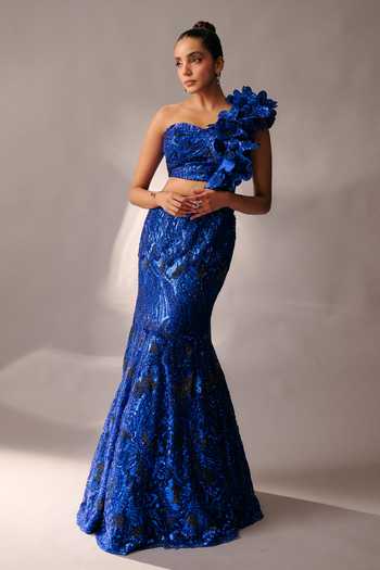Shop Rachit Khanna Blue Satin, Tulle One Shoulder Sequin Embellished Bustier And Skirt Set Online at Aza Fashions Shop_Rachit Khanna_Blue Satin, Tulle One Shoulder Sequin Embellished Bustier And Skirt Set _Online_at_Aza_Fashions