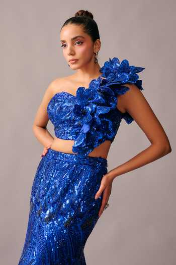 Rachit Khanna Blue Satin, Tulle One Shoulder Sequin Embellished Bustier And Skirt Set at Aza Fashions Rachit Khanna_Blue Satin, Tulle One Shoulder Sequin Embellished Bustier And Skirt Set _at_Aza_Fashions