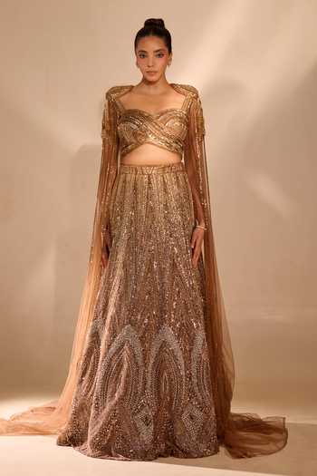 Shop Rachit Khanna Gold Satin, Tulle Sweetheart Neck Sequin Work Blouse And Skirt Set Online at Aza Fashions Shop_Rachit Khanna_Gold Satin, Tulle Sweetheart Neck Sequin Work Blouse And Skirt Set _Online_at_Aza_Fashions