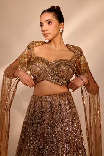 Buy Rachit Khanna Gold Satin, Tulle Sweetheart Neck Sequin Work Blouse And Skirt Set Buy_Rachit Khanna_Gold Satin, Tulle Sweetheart Neck Sequin Work Blouse And Skirt Set