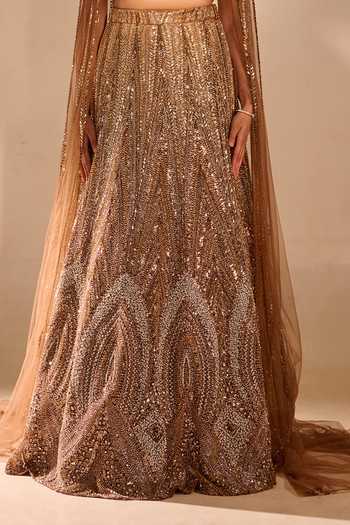 Shop Rachit Khanna Gold Satin, Tulle Sweetheart Neck Sequin Work Blouse And Skirt Set Shop_Rachit Khanna_Gold Satin, Tulle Sweetheart Neck Sequin Work Blouse And Skirt Set