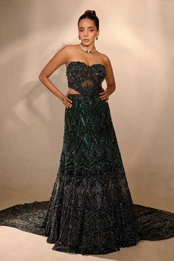 Rachit Khanna Emerald Green Satin, Tulle Stones, Crystals Embellished Cape Skirt Set Online at Aza Fashions Rachit Khanna_Emerald Green Satin, Tulle Stones, Crystals Embellished Cape Skirt Set _Online_at_Aza_Fashions