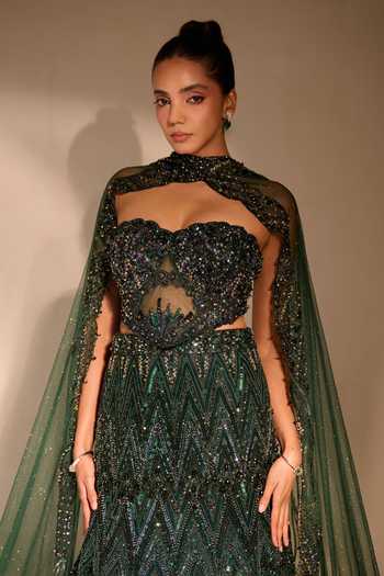 Buy Rachit Khanna Emerald Green Satin, Tulle Stones, Crystals Embellished Cape Skirt Set Online at Aza Fashions Buy_Rachit Khanna_Emerald Green Satin, Tulle Stones, Crystals Embellished Cape Skirt Set _Online_at_Aza_Fashions