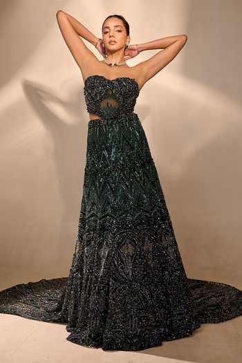Shop Rachit Khanna Emerald Green Satin, Tulle Stones, Crystals Embellished Cape Skirt Set Online at Aza Fashions Shop_Rachit Khanna_Emerald Green Satin, Tulle Stones, Crystals Embellished Cape Skirt Set _Online_at_Aza_Fashions