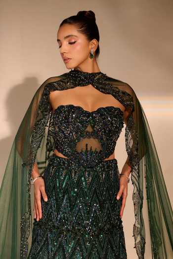 Buy Rachit Khanna Emerald Green Satin, Tulle Stones, Crystals Embellished Cape Skirt Set Buy_Rachit Khanna_Emerald Green Satin, Tulle Stones, Crystals Embellished Cape Skirt Set